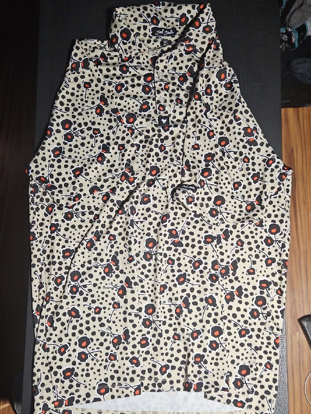 Bad Birdie Beige Polo with Black and Red Spot Floral Print